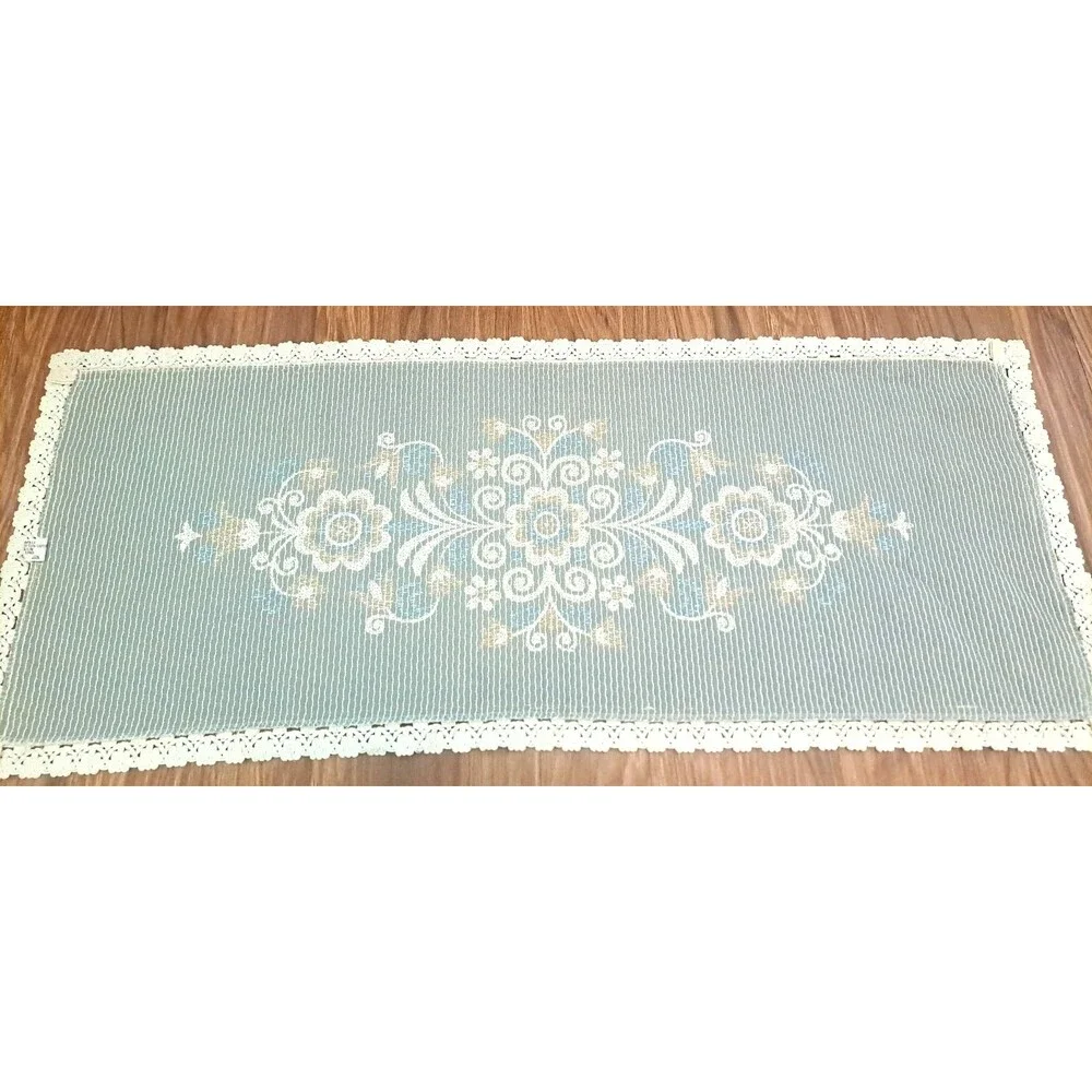 Vintage Linen Blend Table Runner Austria Beige Blue Boho Country Cottage 16x37